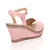 Back right side view of Pale Pink Suede High Wedge Heel Cork Platform Buckle Sandals
