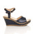 Right side view of Navy PU High Wedge Heel Cork Platform Buckle Sandals