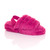Front right side view of Fuchsia Fur Faux Fur Elasticated Strap Peep Toe Slippers Slides