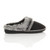 Right side view of Black Suede Fleece Lined Fur Trim Stitch Detail Mule Slippers Scuffs