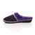 Left side view of Purple Suede Fleece Lined Fur Trim Stitch Detail Mule Slippers Scuffs