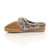 Left side view of Chestnut Tan Suede Fleece Lined Fur Trim Stitch Detail Mule Slippers Scuffs