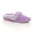 Front right side view of Lilac Suede Fleece Lined Fur Trim Stitch Detail Mule Slippers Scuffs