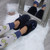 Model wearing Navy Fur Fur Fluffy Slip On Mules Grip Sole Scuffs Comfort Slippers