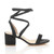 Right side view of Black Suede Low Mid Block Heel Lace Up Ankle Tie Wrap Strappy Sandals