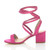 Left side view of Fuchsia Suede Low Mid Block Heel Lace Up Ankle Tie Wrap Strappy Sandals