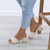Model wearing Nude PU Low Mid Block Heel Casual Party Evening Mules Sandals 