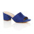 Front right side view of Cobalt Blue Suede Low Mid Block Heel Casual Party Evening Mules Sandals 