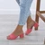 Model wearing Coral Suede Low Mid Block Heel Casual Party Evening Mules Sandals 