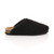 Right side view of Black Flat Comfort Fleece Footbed Slippers Grip Sole Indoor Mules
