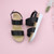 Black PU Low Wedge Heel Slingback Buckle Strappy Flatform Sandals 