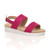 Front right side view of Fuchsia Pink Suede Low Wedge Heel Slingback Buckle Strappy Flatform Sandals 