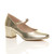 Front right side view of Gold PU Mid Block Heel Mary Jane Strap Court Shoes
