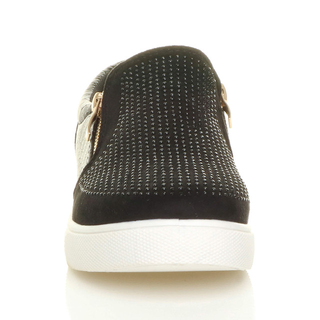 Front view of Black Suede Flat Diamante Gold Zip Plimsolls Trainers
