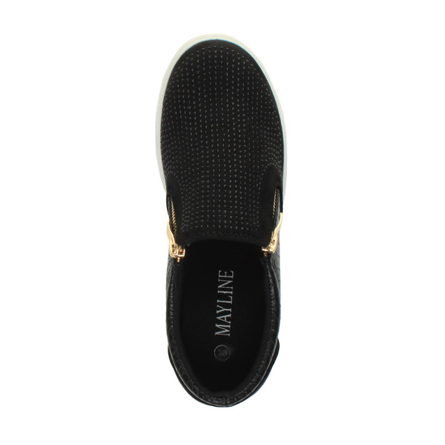 Top view of Black Suede Flat Diamante Gold Zip Plimsolls Trainers