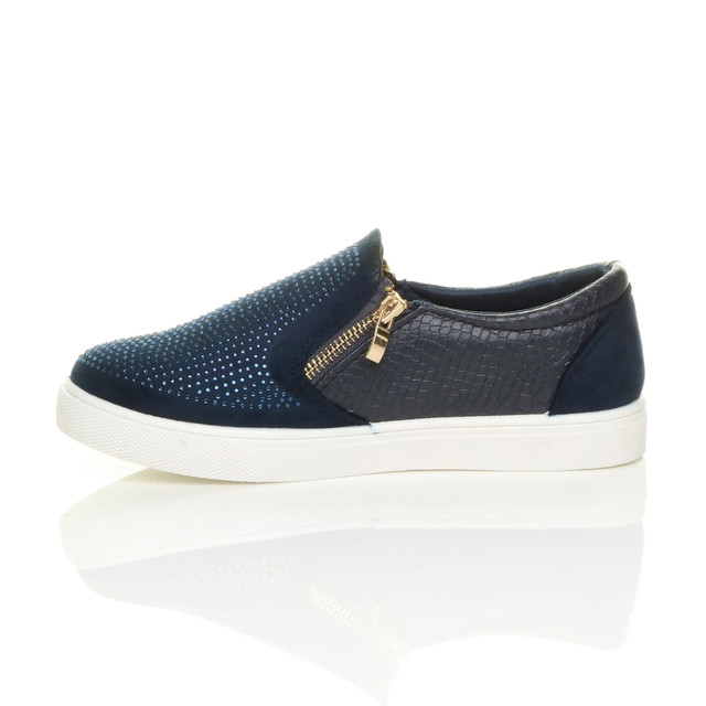 Left side view of Navy Suede Flat Diamante Gold Zip Plimsolls Trainers