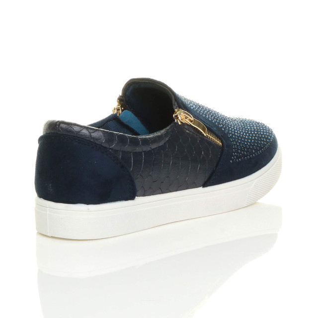 Back right side view of Navy Suede Flat Diamante Gold Zip Plimsolls Trainers