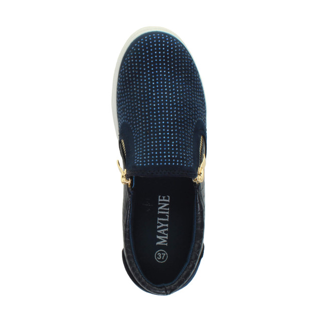 Top view of Navy Suede Flat Diamante Gold Zip Plimsolls Trainers