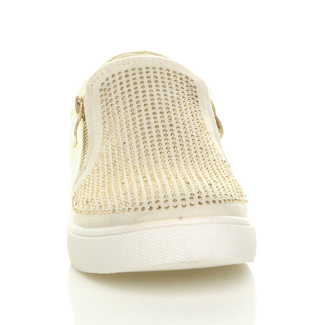 Front view of Gold Suede Flat Diamante Gold Zip Plimsolls Trainers