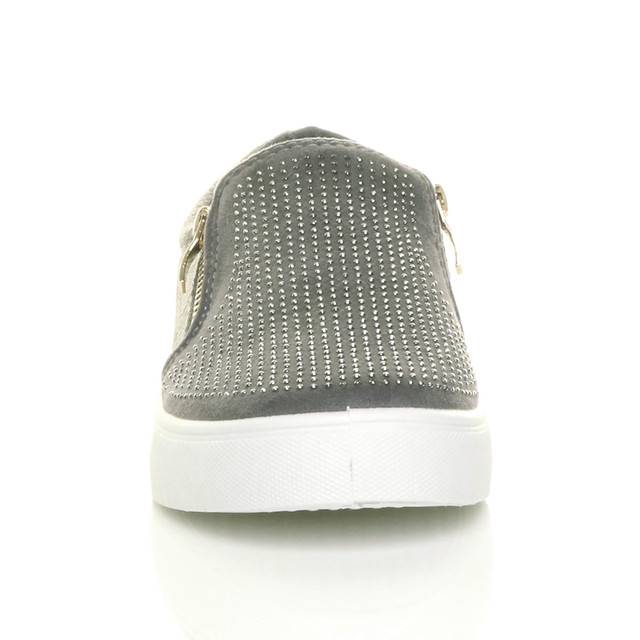Front view of Grey Suede Flat Diamante Gold Zip Plimsolls Trainers