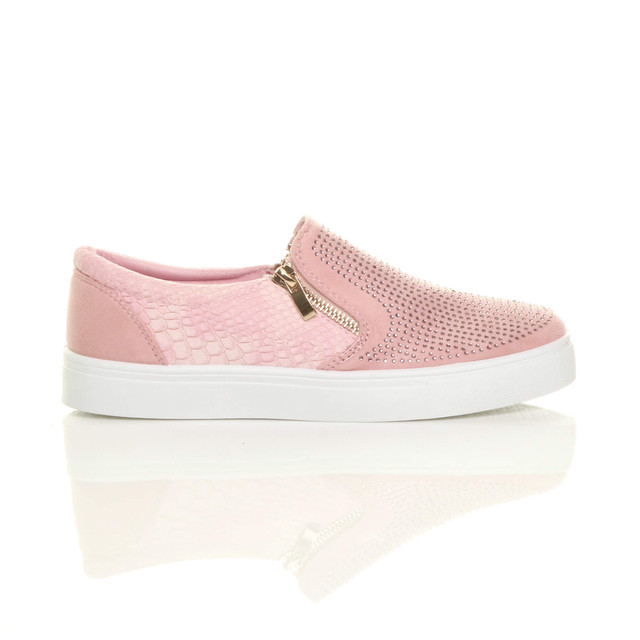 Right side view of Pink Suede Flat Diamante Gold Zip Plimsolls Trainers