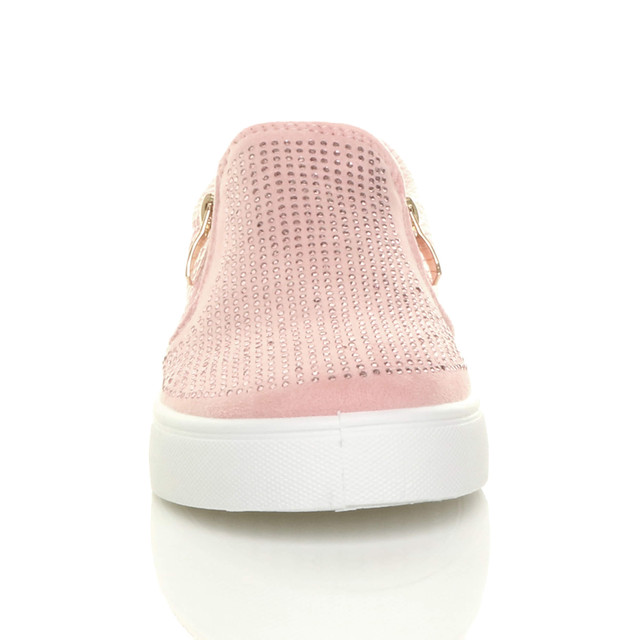 Front view of Pink Suede Flat Diamante Gold Zip Plimsolls Trainers