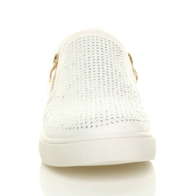 Front view of White Suede Flat Diamante Gold Zip Plimsolls Trainers