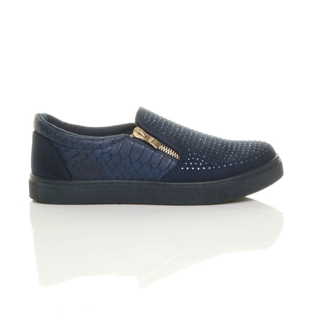 Right side view of Dark Blue Suede Flat Diamante Gold Zip Plimsolls Trainers