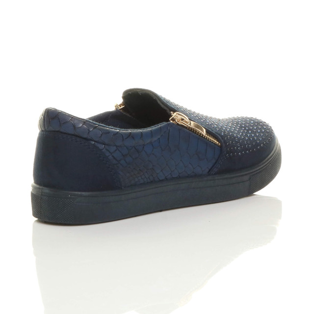 Back right side view of Dark Blue Suede Flat Diamante Gold Zip Plimsolls Trainers