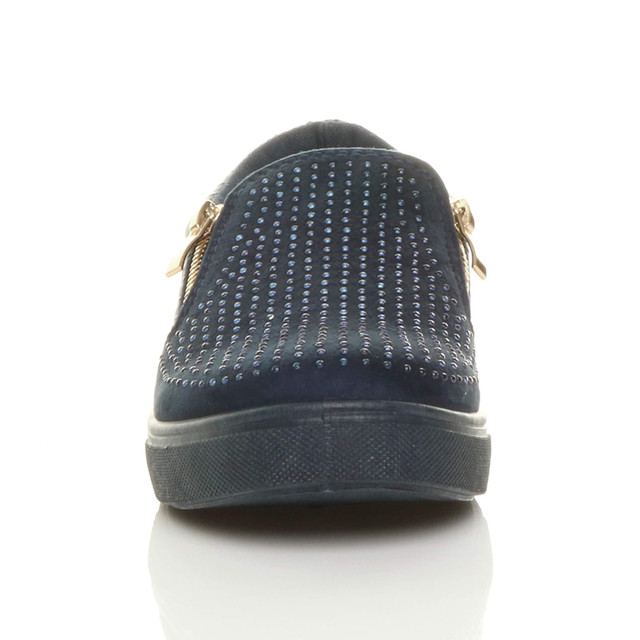 Front view of Dark Blue Suede Flat Diamante Gold Zip Plimsolls Trainers