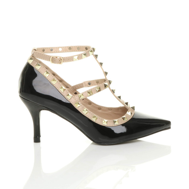 Right side view of Black Patent Mid High Heel T-Bar Studded Pointed Court Shoes