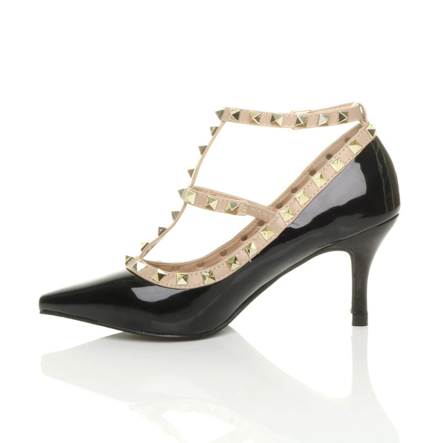 Left side view of Black Patent Mid High Heel T-Bar Studded Pointed Court Shoes