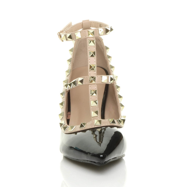Front view of Black Patent Mid High Heel T-Bar Studded Pointed Court Shoes