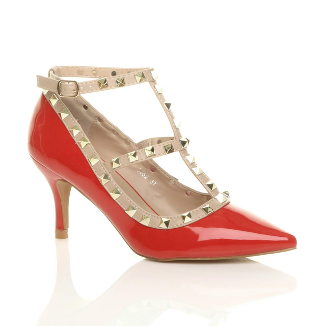 Front right side view of Red Patent Mid High Heel T-Bar Studded Pointed Court Shoes