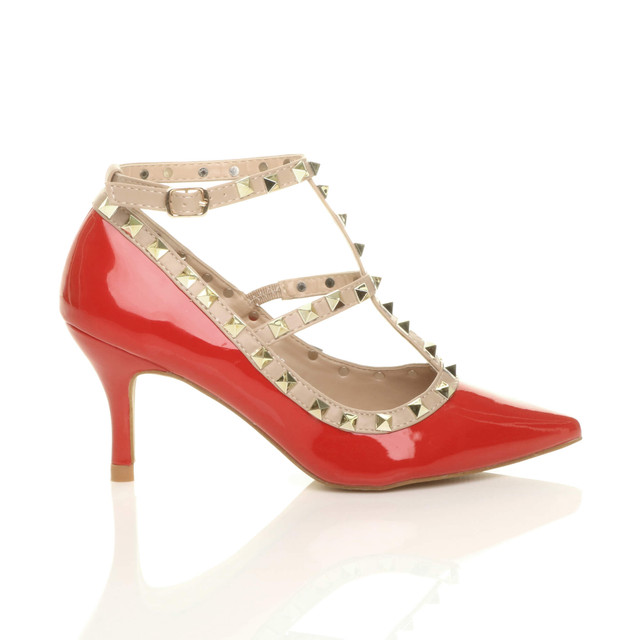 Right side view of Red Patent Mid High Heel T-Bar Studded Pointed Court Shoes