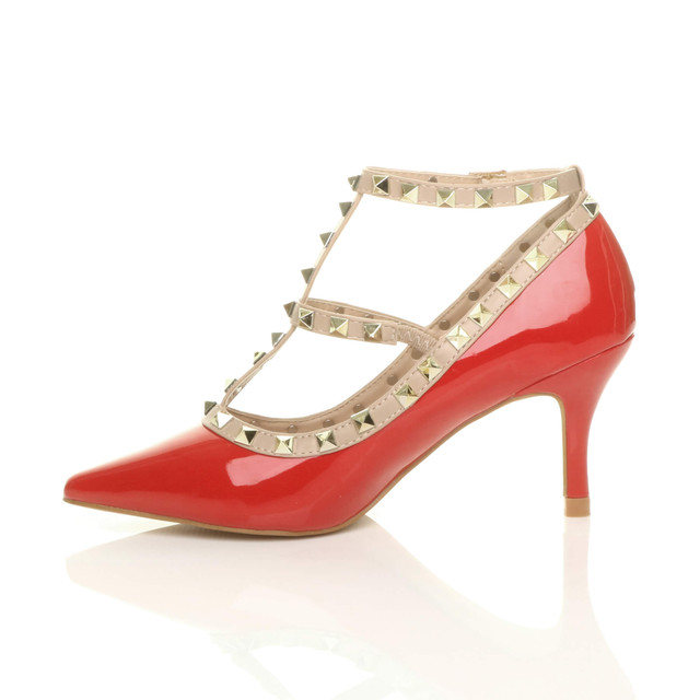 Left side view of Red Patent Mid High Heel T-Bar Studded Pointed Court Shoes