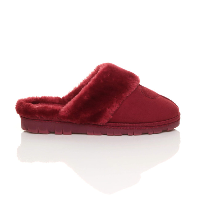 Right side view of Berry Red Suede Fur Lined Winter Luxury Mules Slippers