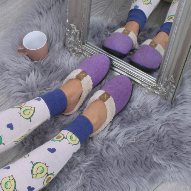 Model wearing Purple Fur Lined Winter Luxury Mules Slippers