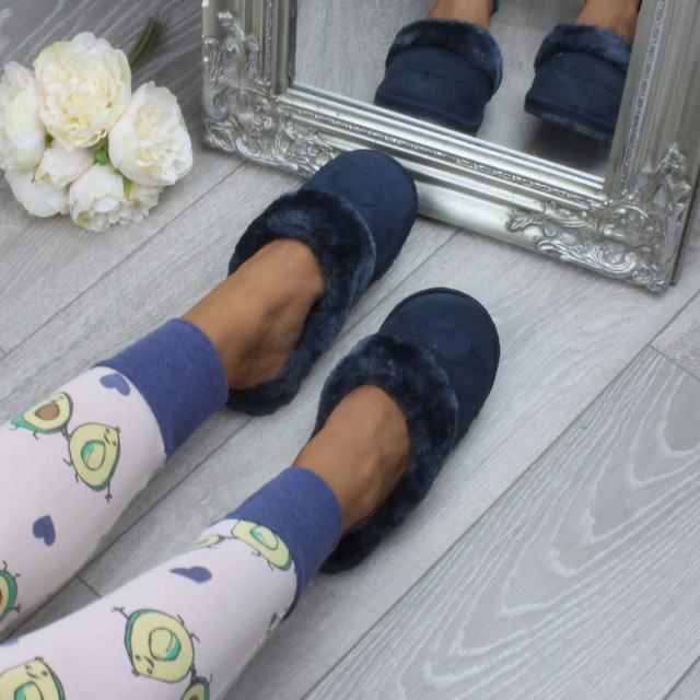 Model wearing Navy / Navy Fur Suede Fur Lined Winter Luxury Mules Slippers