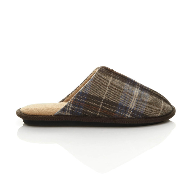 Right side view of Brown Check Winter Fur Lined Memory Foam Mules Slippers House Shoes