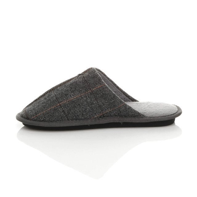 Left side view of Grey Check Winter Fur Lined Memory Foam Mules Slippers House Shoes