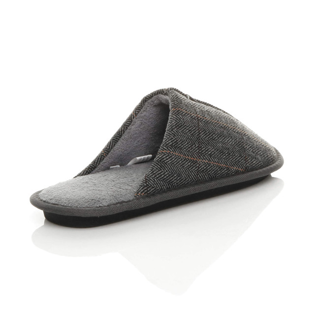 Back right side view of Grey Check Winter Fur Lined Memory Foam Mules Slippers House Shoes