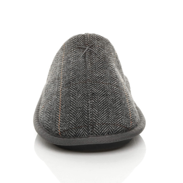 Front view of Grey Check Winter Fur Lined Memory Foam Mules Slippers House Shoes