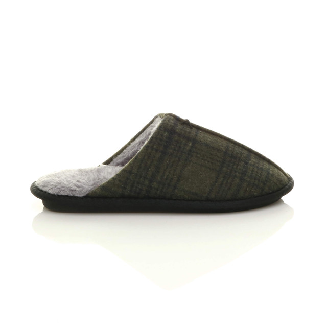 Right side view of Khaki Check Winter Fur Lined Memory Foam Mules Slippers House Shoes