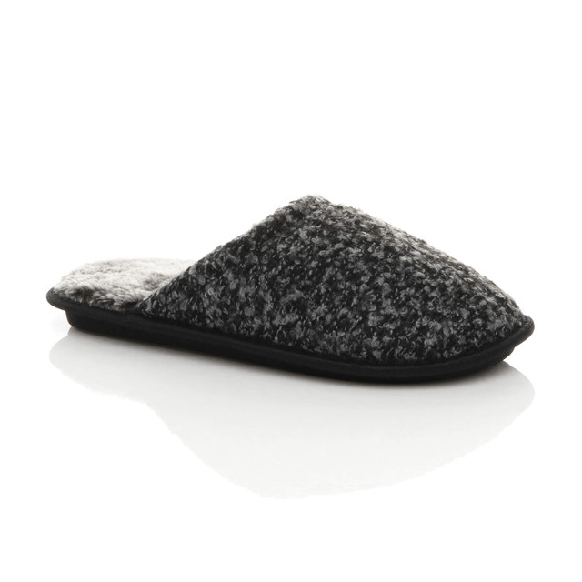 Front right side view of Black 2 Tone Winter Fur Lined Memory Foam Mules Slippers House Shoes