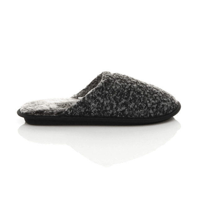 Right side view of Black 2 Tone Winter Fur Lined Memory Foam Mules Slippers House Shoes