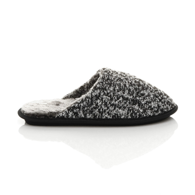 Right side view of Grey 2 Tone Winter Fur Lined Memory Foam Mules Slippers House Shoes