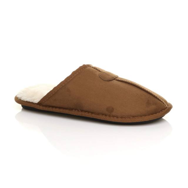 Front right side view of Chestnut Winter Fur Lined Memory Foam Mules Slippers House Shoes