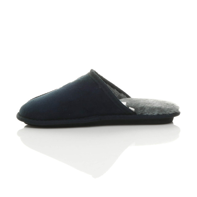 Left side view of Navy Winter Fur Lined Memory Foam Mules Slippers House Shoes