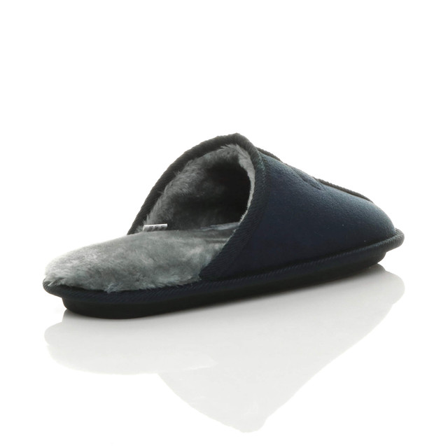 Back right side view of Navy Winter Fur Lined Memory Foam Mules Slippers House Shoes